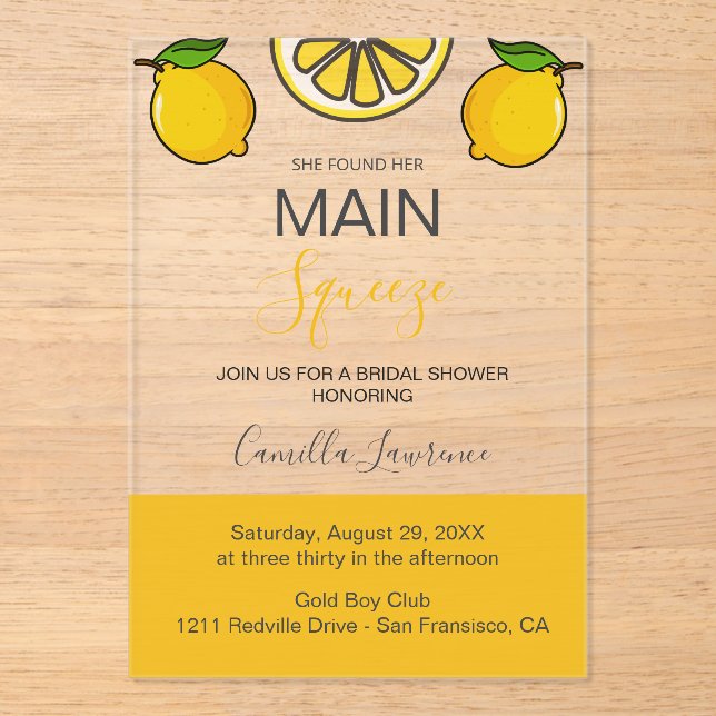 Invitaciones Acrílicas Main Squeeze Tropical Citrus Lemon Bridal Shower  (Anverso)