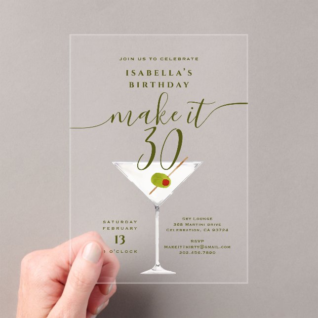 Invitaciones Acrílicas Make It 30 Olive Dirty Martini Cumpleaños 30 (Insitu (portátil))