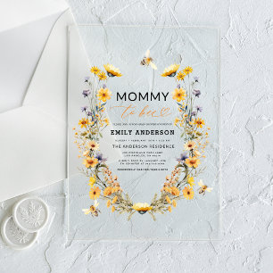 Invitaciones Acrílicas Mamá a Abeja Cumpleaños de Bebé con Flores Silvest