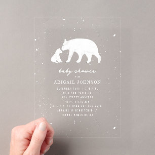 Invitaciones Acrílicas Mamá Oso Polar y ducha de bebé invierno Neutral