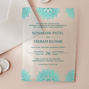 Invitaciones Acrílicas Mandalá étnico teal boda india