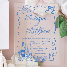 Invitaciones Acrílicas Mano caprichosa dibujó Ilustraciones Doodles Boda
