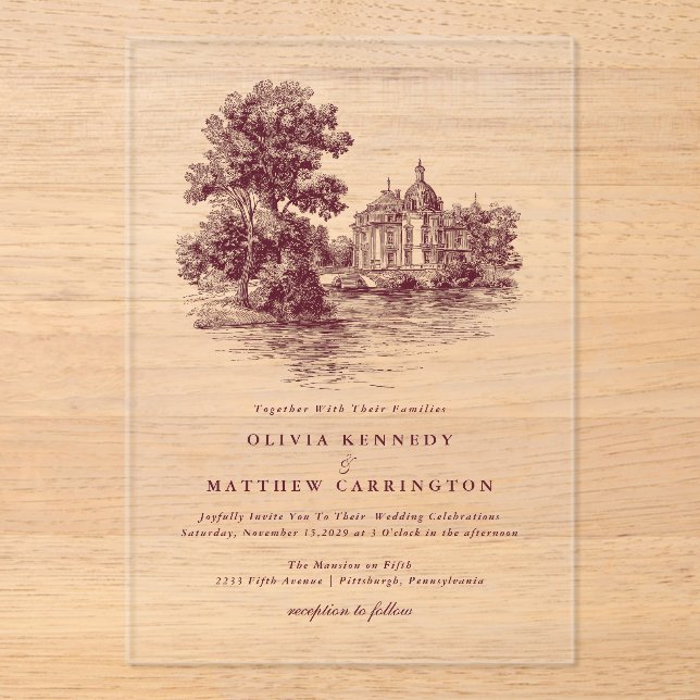 Invitaciones Acrílicas Mansion Venue Old Money Aesthetic Burgund Wedding  (Anverso)
