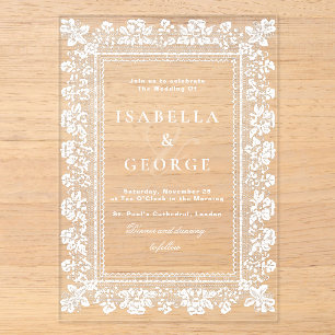 Invitaciones Acrílicas Mantil de encaje blanco boda moderna