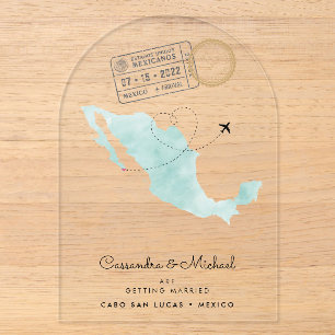 Invitaciones Acrílicas Mapa de México acuarela   Cabo   Boda de destino
