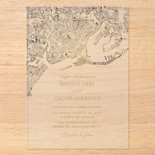 Invitaciones Acrílicas Mapa de Newport Rhode Island boda dorada