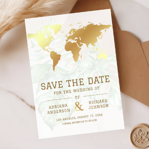 Invitaciones Acrílicas Mapa Mundial de Boda en Oro Blanco Save the Date