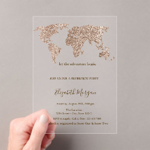 Invitaciones Acrílicas Mapa Mundial de jubilación en rosa dorado con purp