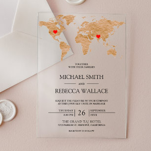 Invitaciones Acrílicas Mapa Mundial de Mármol de Bronce Corazones Viajero
