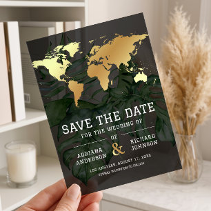 Invitaciones Acrílicas Mapa Mundial Tropical Dorado Oscuro para Boda Save