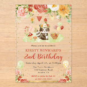 Invitaciones Acrílicas Mapache de bosque acuarela Cumpleaños de niños
