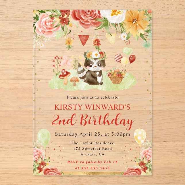Invitaciones Acrílicas Mapache de bosque acuarela Cumpleaños de niños (Anverso)