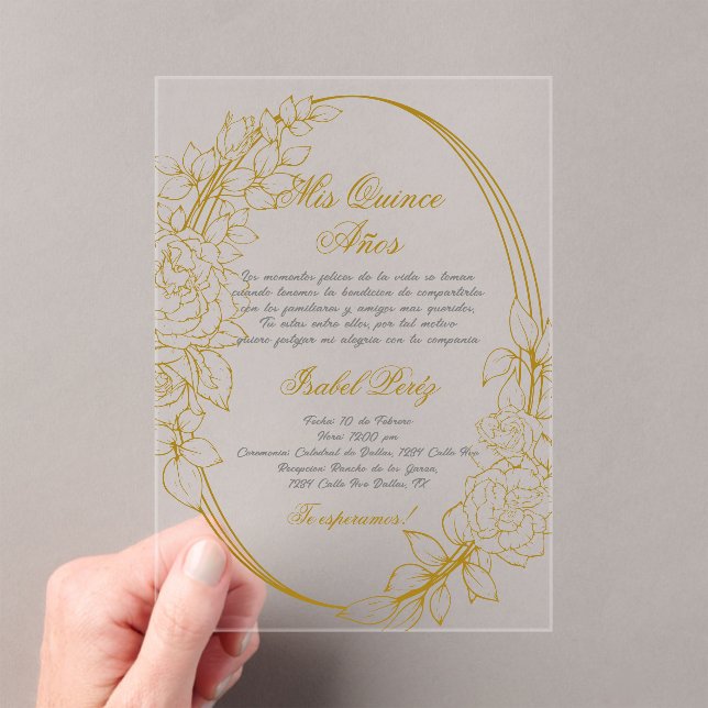 Invitaciones Acrílicas Marco acrílico de oro Quinceanera española (Insitu (portátil))