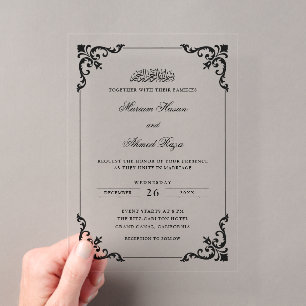 Invitaciones Acrílicas Marco Antiguo Rococó Boda Musulmana Escritura Negr