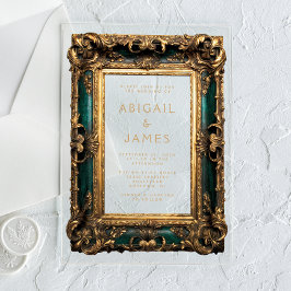 Invitaciones Acrílicas Marco Antiguo Verde Esmeralda Boda de Oro