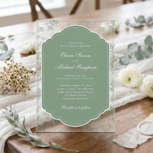 Invitaciones Acrílicas Marco Antiguo Verde Salvia Toile Foto Boda