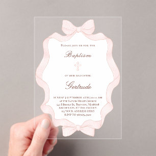 Invitaciones Acrílicas marco de bautizo con lazo rosa