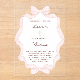 Invitaciones Acrílicas marco de bautizo con lazo rosa