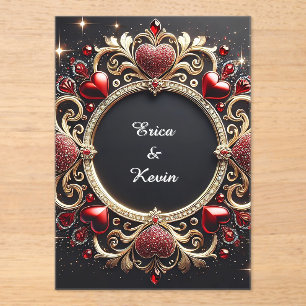 Invitaciones Acrílicas Marco de boda de oro lujoso con corazones rojos
