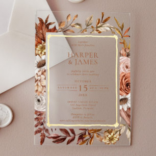 Invitaciones Acrílicas Marco de boda floral de acuarela otoñal rústica