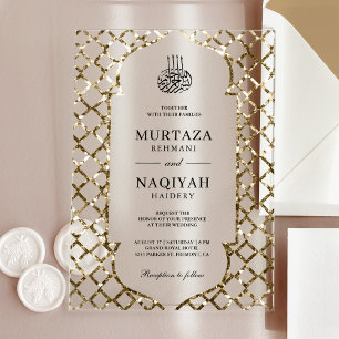Invitaciones Acrílicas Marco de Bodas Musulmán con Brillo de Oro Antiguo