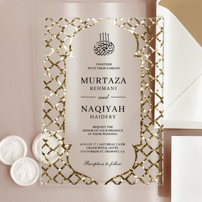 Invitaciones Acrílicas Marco de Bodas Musulmán con Brillo de Oro Antiguo (Subido por el creador)