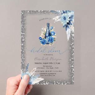 Invitaciones Acrílicas Marco de brillo de botella de vino floral azul par