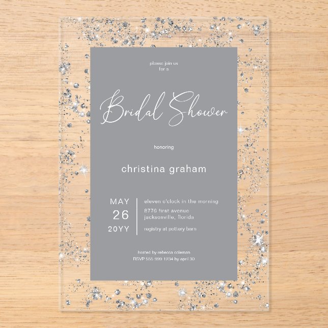 Invitaciones Acrílicas Marco de Diamante Glam Negro Moderno para Almuerzo (Anverso)