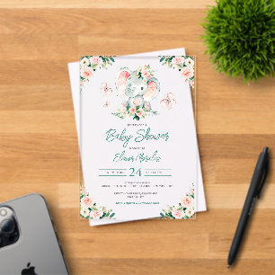 Invitaciones Acrílicas Marco de Elefante Floral Verde Rosa Lindo Cumpleañ