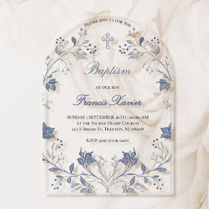 Invitaciones Acrílicas marco de follaje azul elegante Bautismo