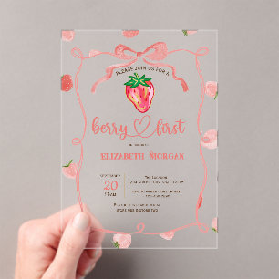 Invitaciones Acrílicas Marco de fresa con brillo Plaid rosa Baby Shower 
