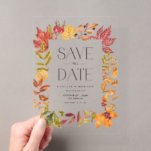 Invitaciones Acrílicas Marco de Hojas de Otoño en Acuarela Save the Date