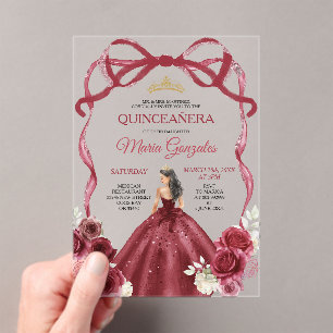 Invitaciones Acrílicas Marco de lazo rojo Princesa Corona dorada Quinceañ
