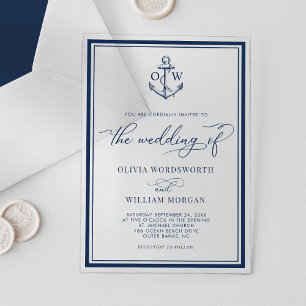 Invitaciones Acrílicas Marco de Monograma de Ancla Náutica Boda Marina