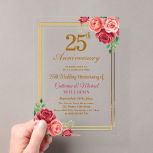 Invitaciones Acrílicas Marco de oro para aniversario de bodas 25 años con