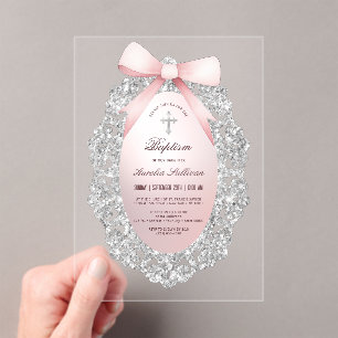 Invitaciones Acrílicas Marco de purpurina plateado con lazo rosa Bautizo