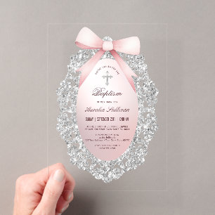 Invitaciones Acrílicas Marco de purpurina plateado lazo rosa Bautizo