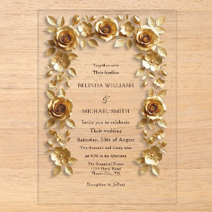 Invitaciones Acrílicas Marco de Rosas de Relieve Falso de Oro Boda Transp