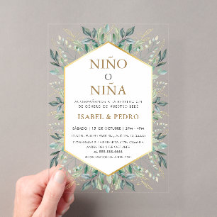 Invitaciones Acrílicas Marco de Verde Elegante de Oro Revelación de Géner