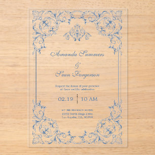 Invitaciones Acrílicas Marco decorativo tradicional azul y blanco