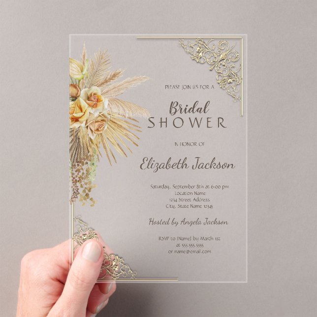 Invitaciones Acrílicas Marco Dorado Chic Flores Boho Despedida de Soltera (Insitu (portátil))
