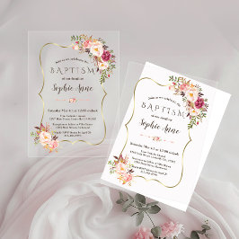 Invitaciones Acrílicas Marco Dorado Chic Flores Rosadas Bautizo de Niña
