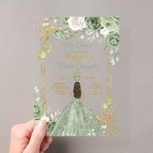 Invitaciones Acrílicas Marco dorado de mariposa floral verde salvia Mis Q