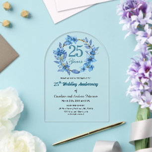Invitaciones Acrílicas Marco Dorado Floral Azul 25 Aniversario de Boda