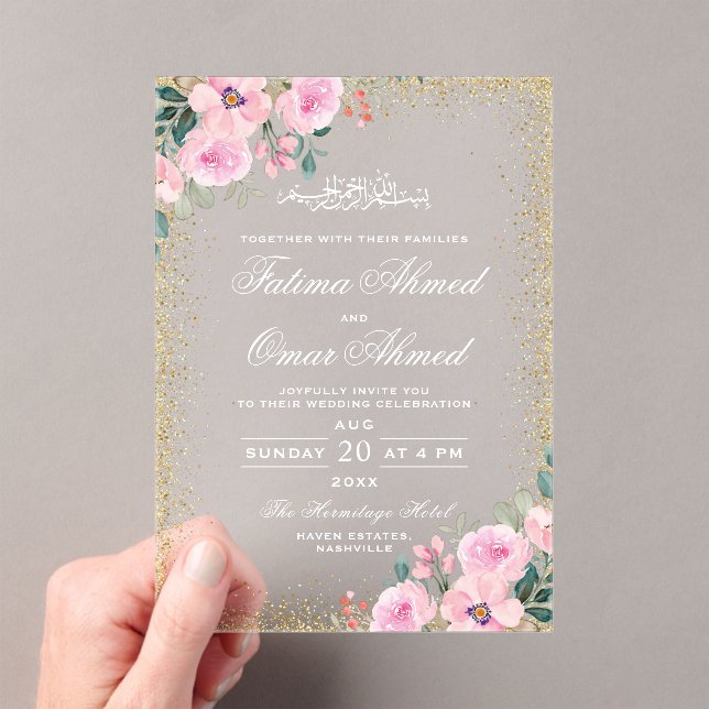 Invitaciones Acrílicas Marco dorado Floral rosa Boda musulmana islámica (Insitu (portátil))