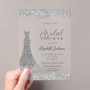 Invitaciones Acrílicas Marco espumoso de vestido de diamante plateado