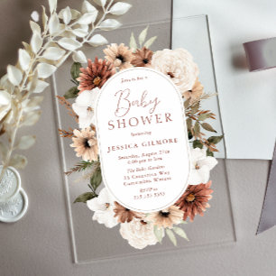 Invitaciones Acrílicas Marco floral boho neutral para baby shower