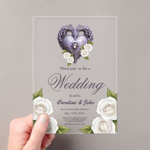 Invitaciones Acrílicas Marco floral con corazón y rosas blancas