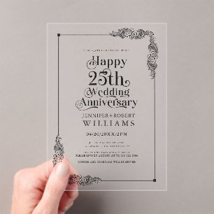 Invitaciones Acrílicas Marco floral de oro para el 25 aniversario de boda