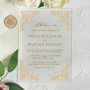 Invitaciones Acrílicas Marco Floral Dorado Boda Musulmana Islámica